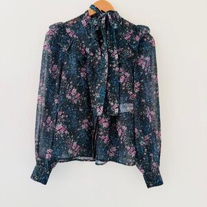 NWT American Eagle AE Studio Black Sheer Floral Neck Tie Blouse